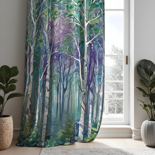 Teal Purple Birch Forest Curtains, Made to Measure Drapes
