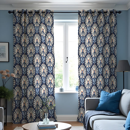 Navy Blue Art Deco Curtains, Retro Floral Print Drapes
