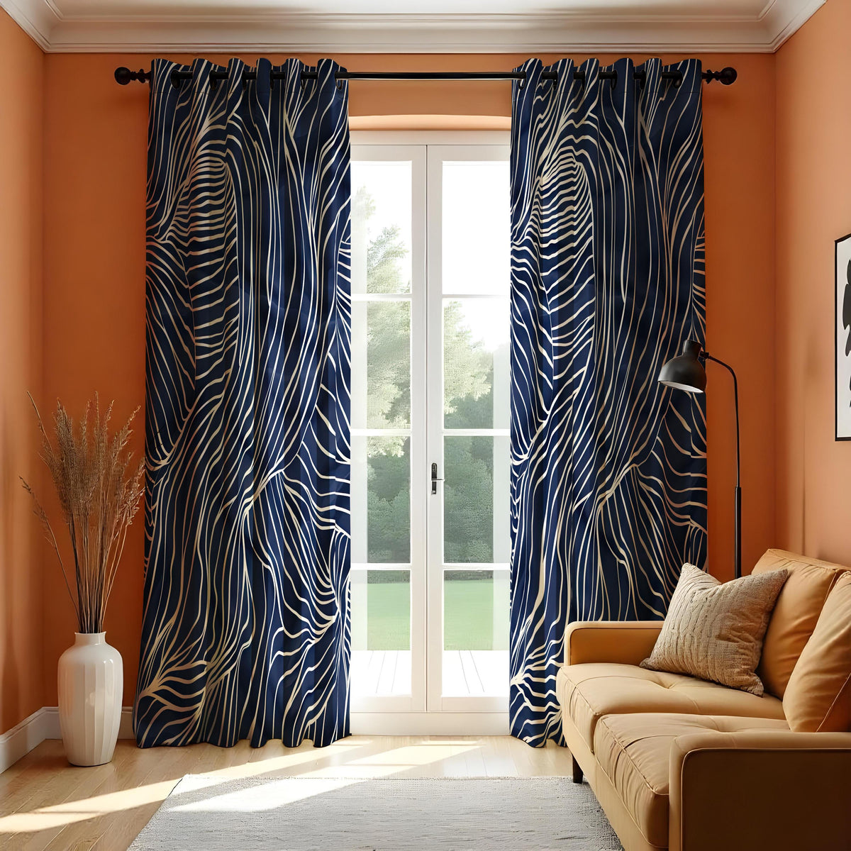 Navy Blue Wavy Line Curtains, Minimalist Abstract Drapes
