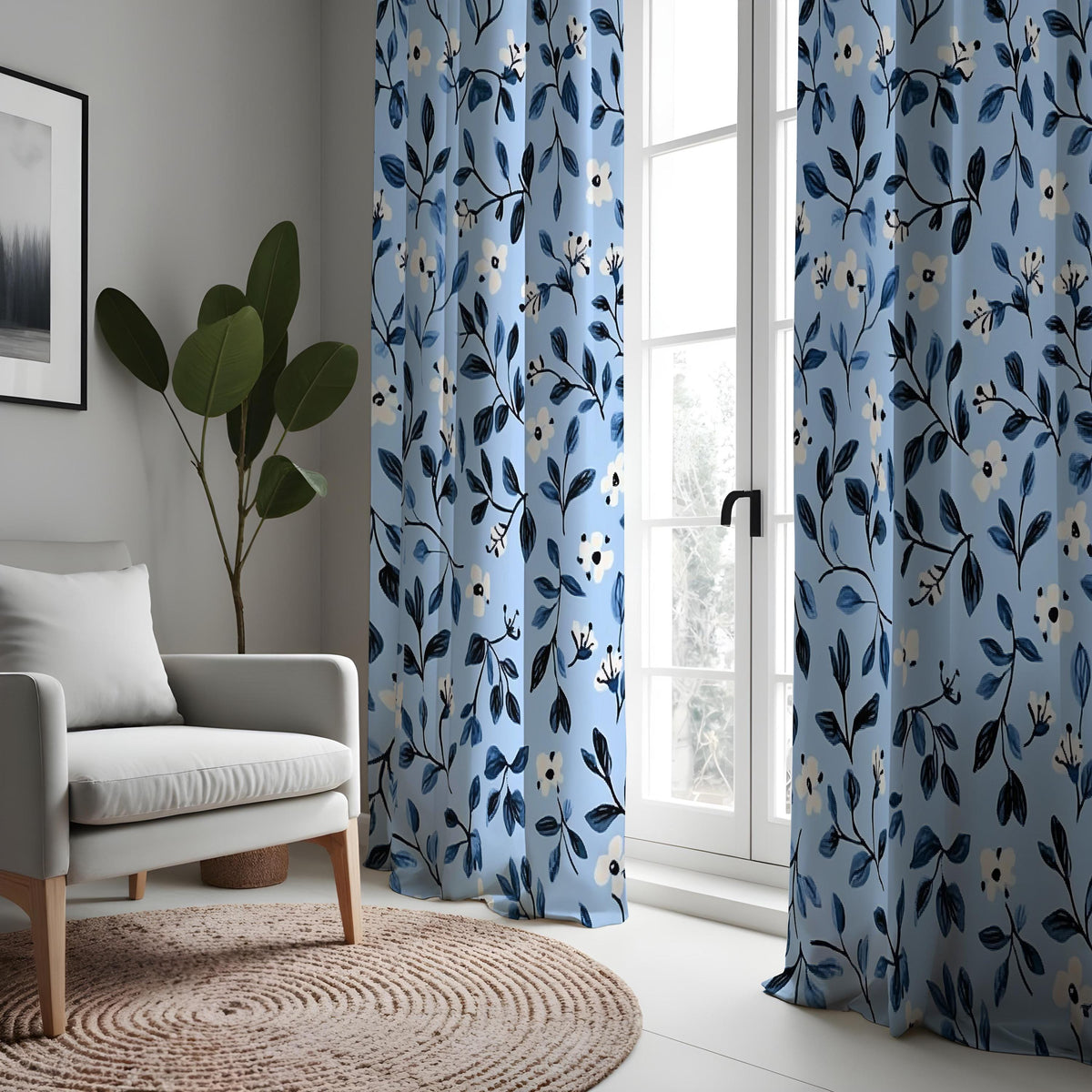 Navy Blue Leaf Curtains, Floral Botanical Custom Drapes