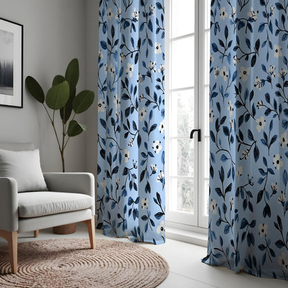 Navy Blue Leaf Curtains, Floral Botanical Custom Drapes