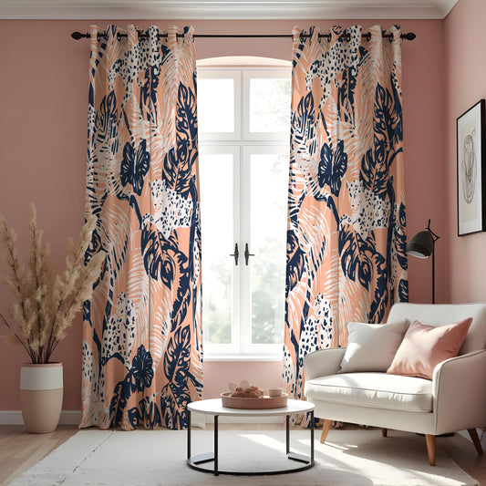 Blush Pink Tropical Curtains, Navy Leaf & Leopard Drapes