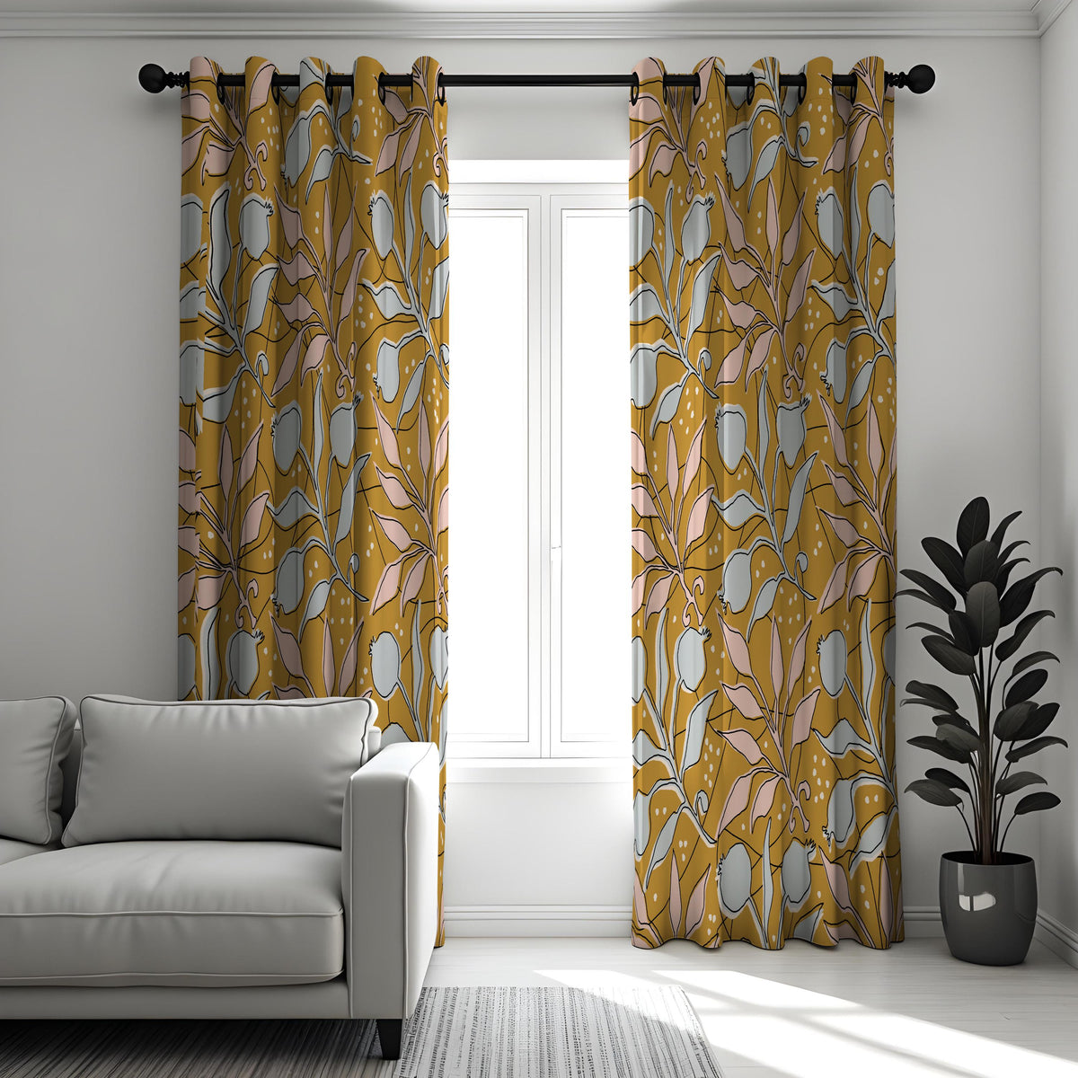 Mustard Botanical Curtains, Retro Mid Century Leaf Drapes