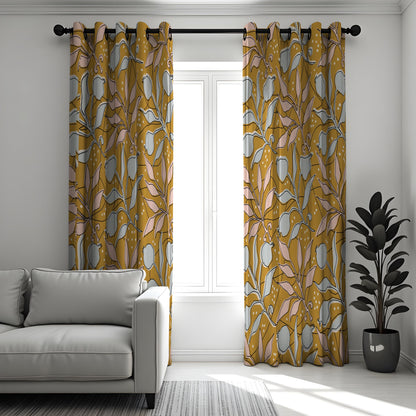 Mustard Botanical Curtains, Retro Mid Century Leaf Drapes