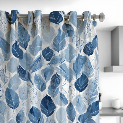 Blue Nature Leaf Curtains, Botanical Print Custom Drapes