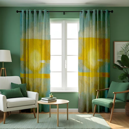 Yellow Blue Watercolor Landscape Curtains, Boho Drapes