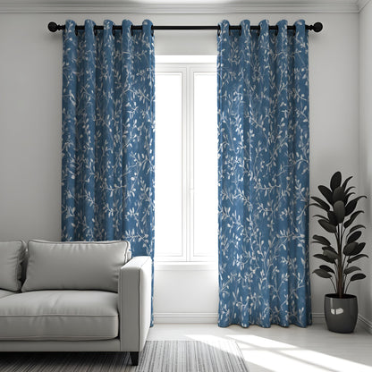 Blue Floral Leaf Curtains, Botanical Custom Size Drapes