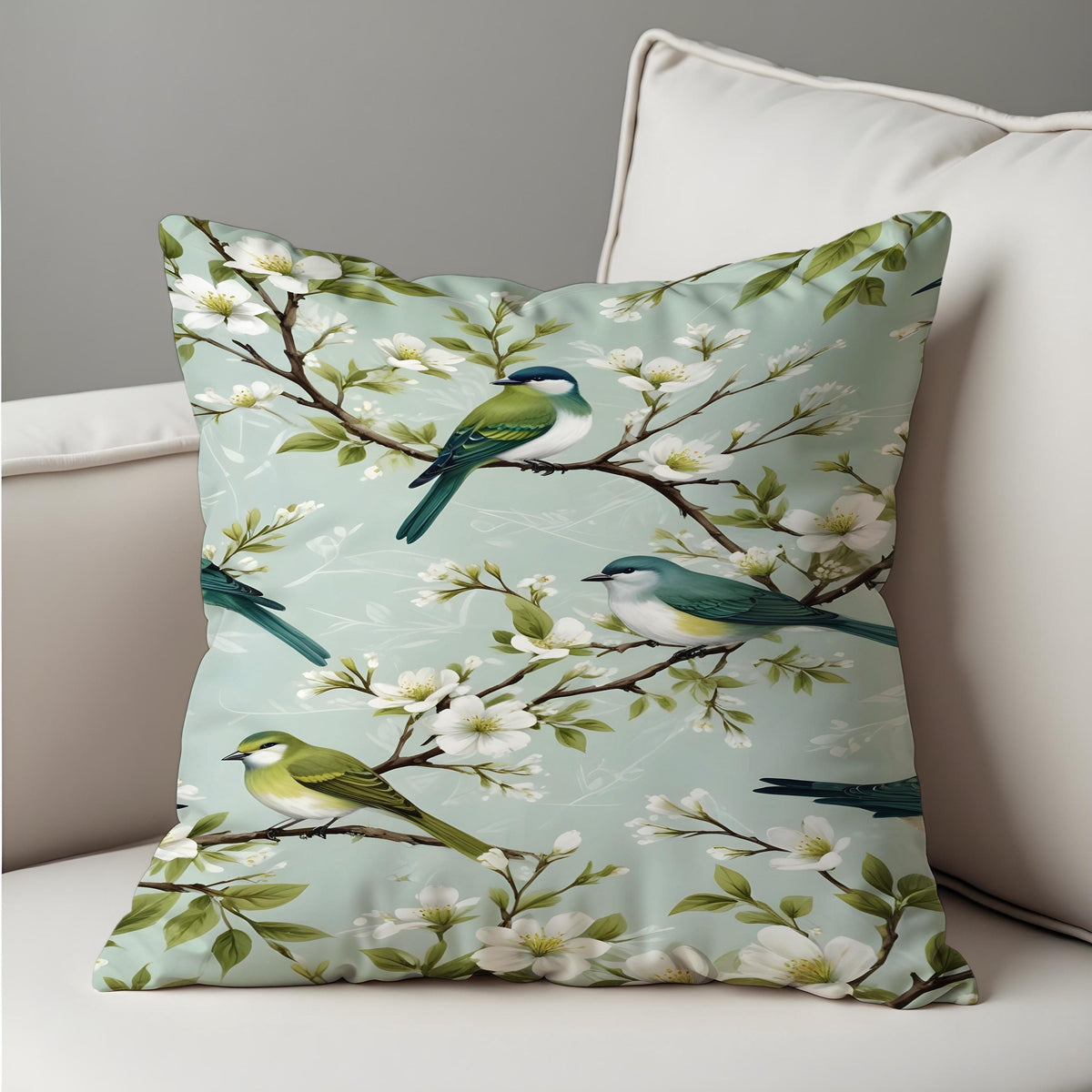 Bird Print Cushion Cover, Botanical Throw Pillow Case