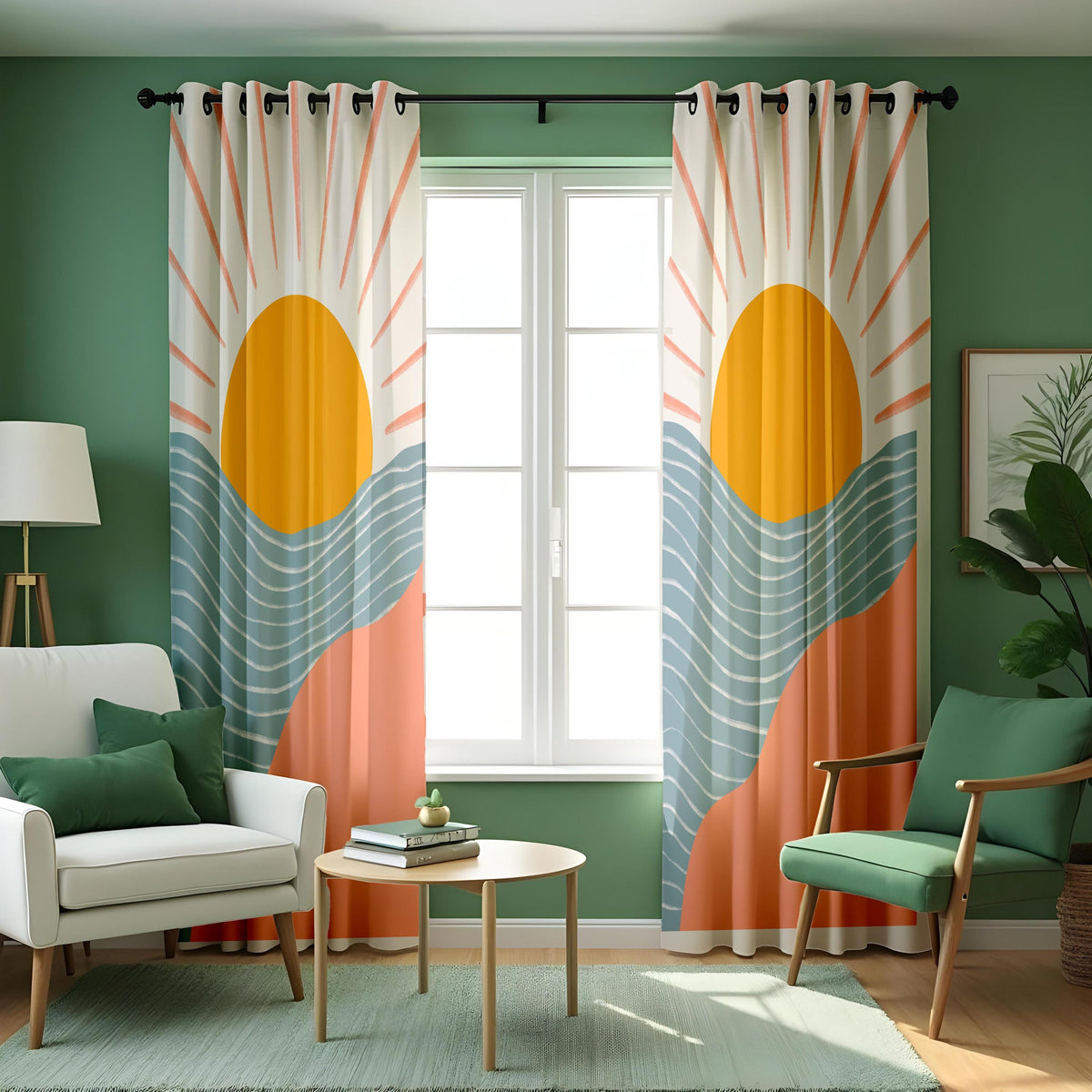 Boho Sunrise Landscape Curtains, Abstract Sun & Wave Drapes