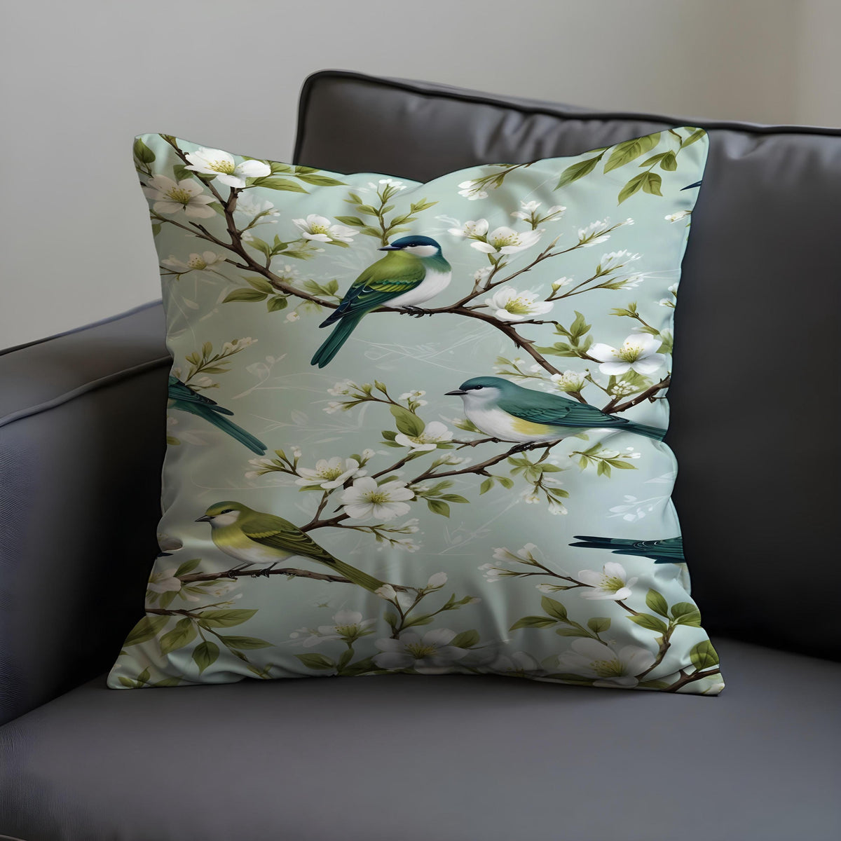 Bird Print Cushion Cover, Botanical Throw Pillow Case