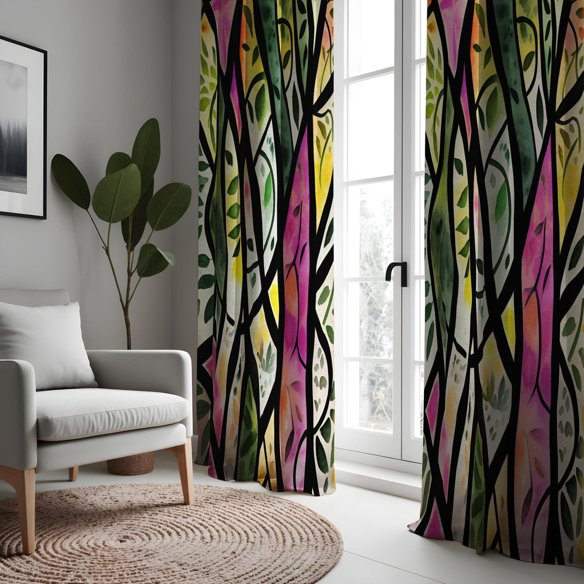 Stained Glass Forest Curtains, Colorful Tree & Leaf Drapes