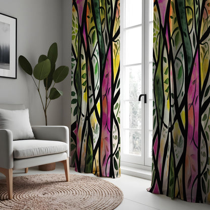 Stained Glass Forest Curtains, Colorful Tree & Leaf Drapes