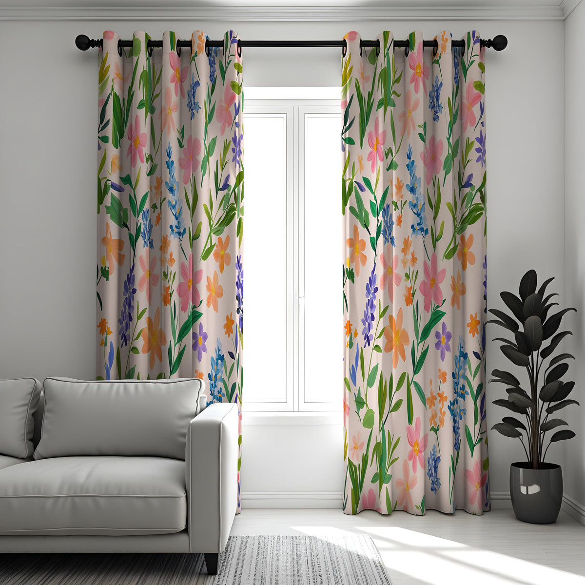 Pink & Blue Wildflower Curtains, Watercolor Botanical Drapes