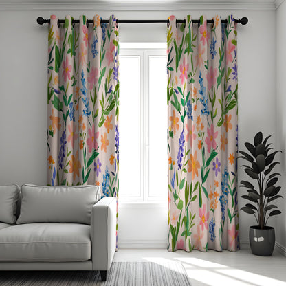 Pink & Blue Wildflower Curtains, Watercolor Botanical Drapes