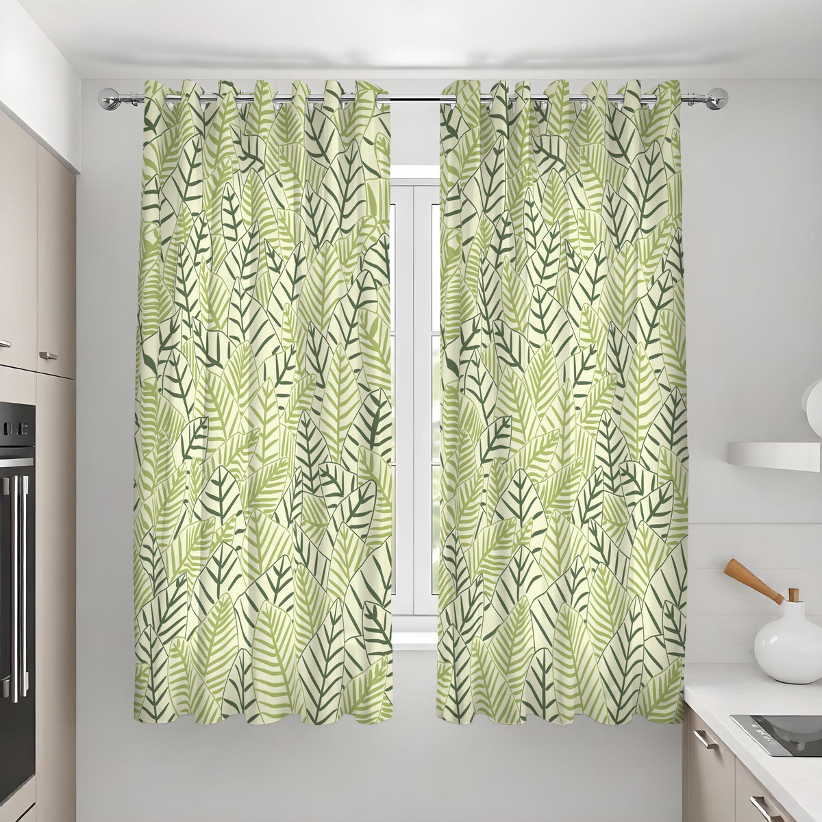 Green Leaf Print Curtains, Tropical Jungle Botanical Drapes