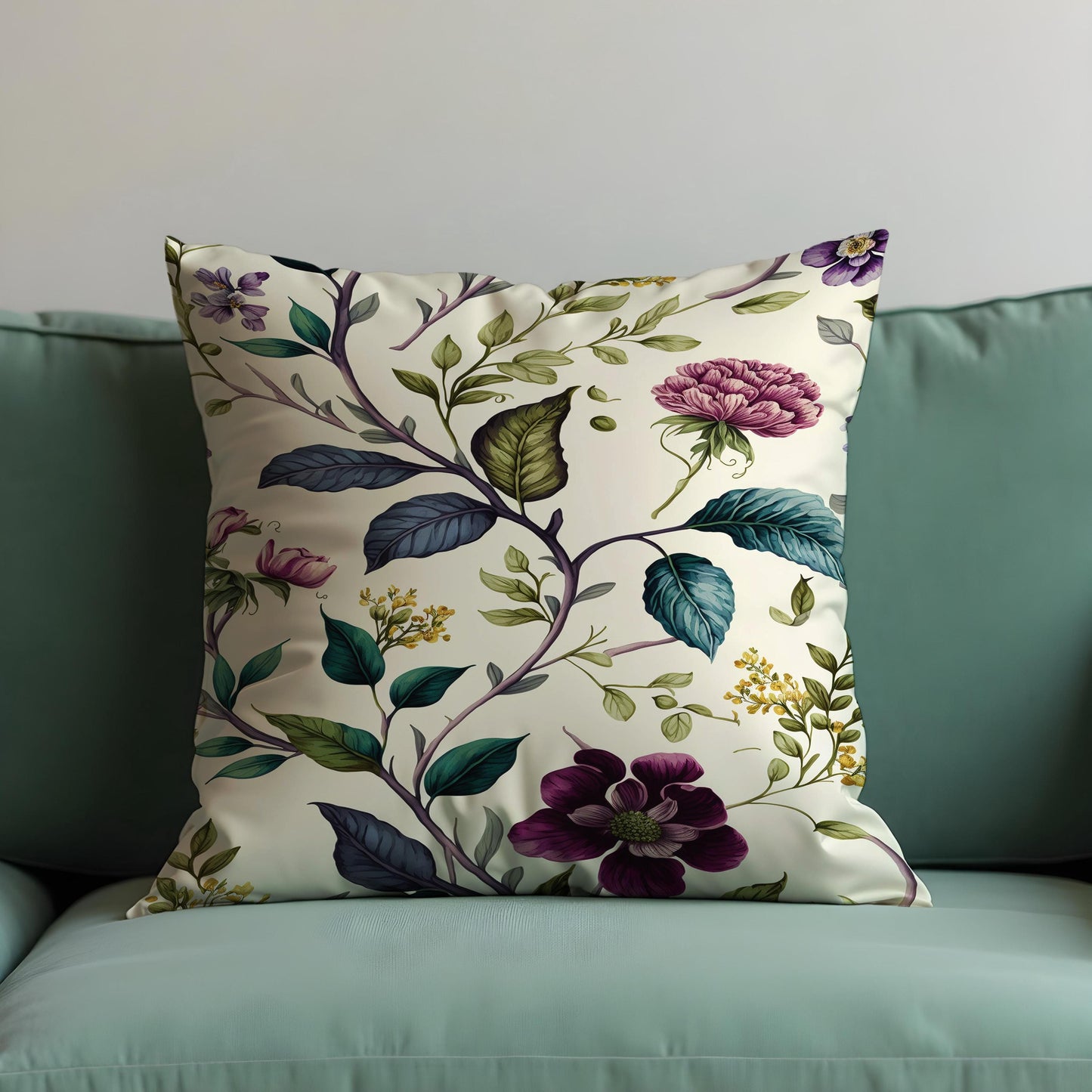 Botanical Cushion Cover, Plum & Green Floral Print Pillow Case