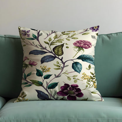 Botanical Cushion Cover, Plum & Green Floral Print Pillow Case