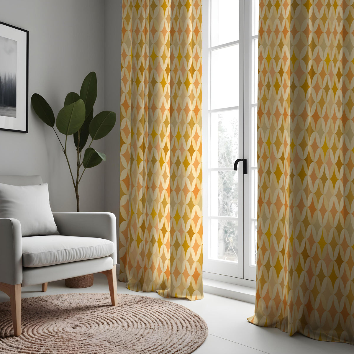 Orange Yellow Geometric Curtains, Mid Century Retro Drapes