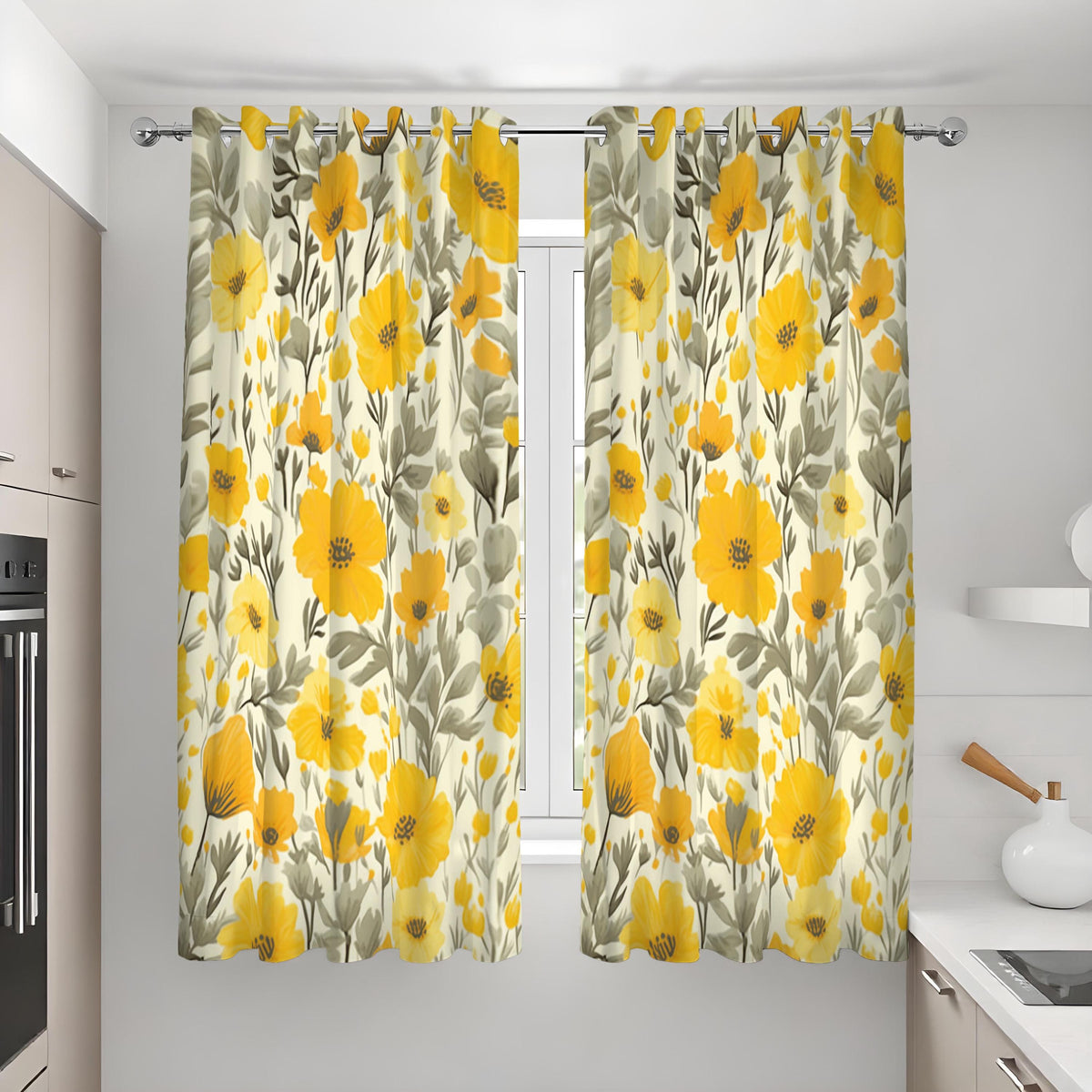 Yellow Poppy Floral Curtains, Mustard & Grey Botanical Drapes