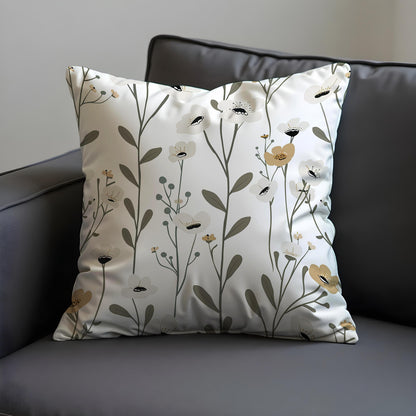 Minimalist Floral Cushion Cover, White & Beige Wildflower Pillow Case
