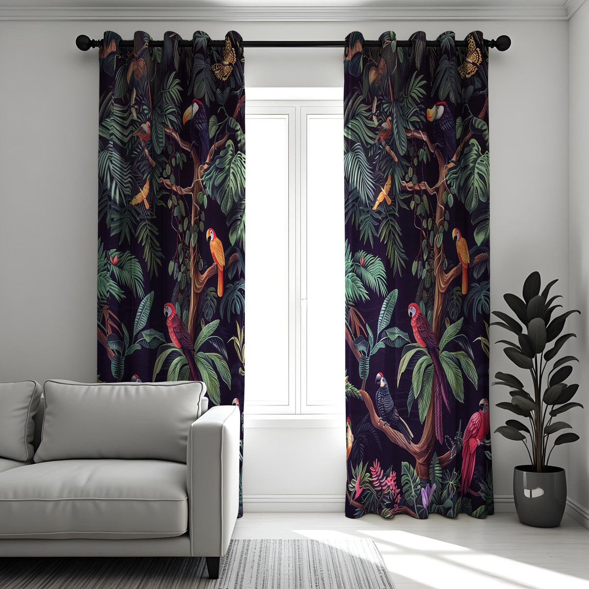 Tropical Parrot Curtains, Dark Jungle Bird & Leaf Drapes
