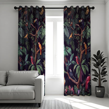 Tropical Parrot Curtains, Dark Jungle Bird & Leaf Drapes