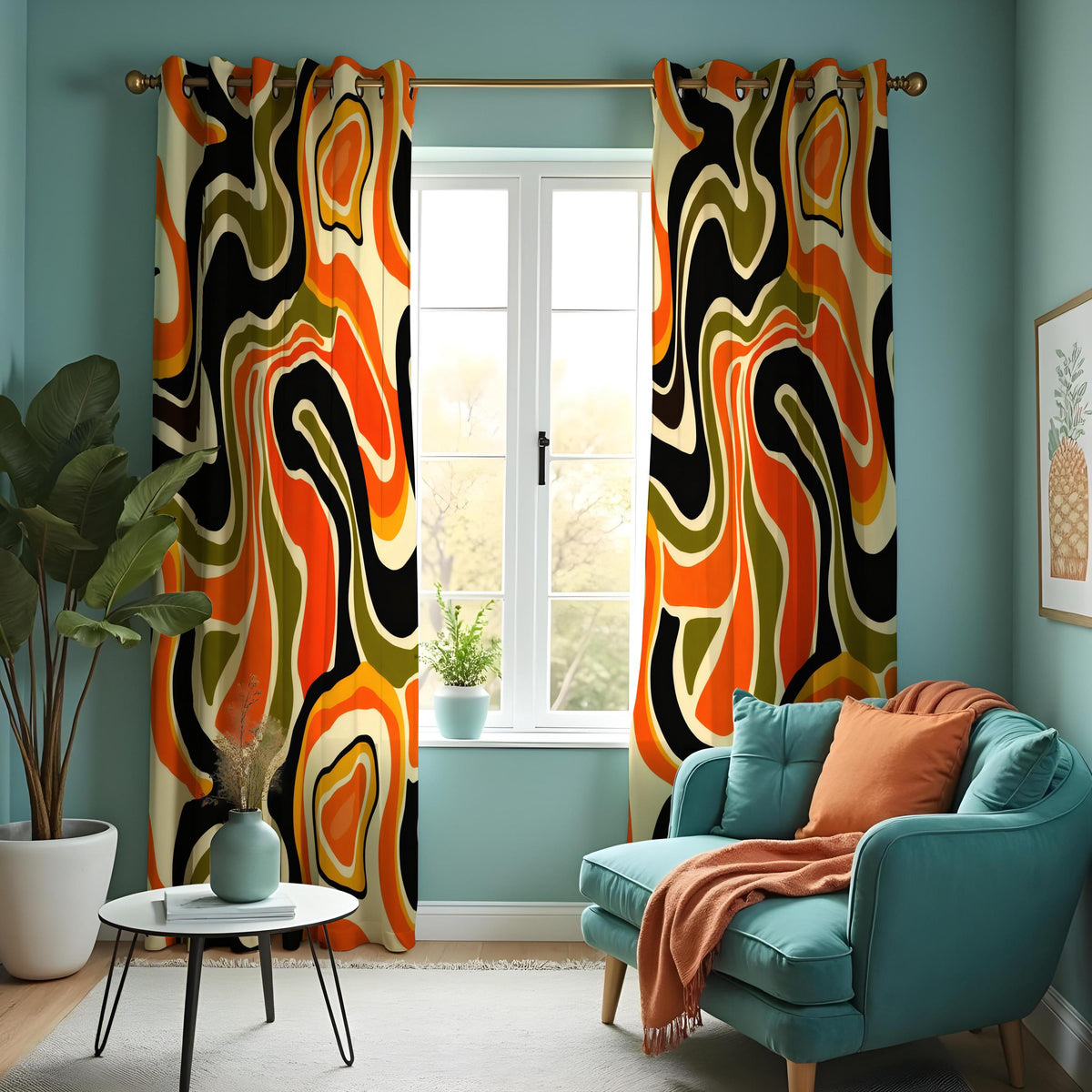 70s Retro Psychedelic Swirl Curtains, Orange Olive Drapes