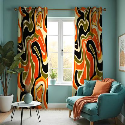 70s Retro Psychedelic Swirl Curtains, Orange Olive Drapes