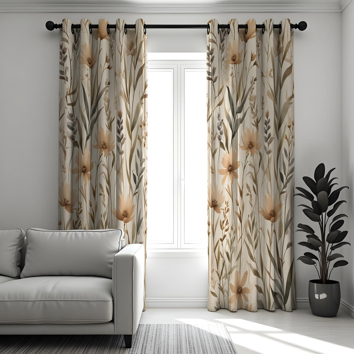 Beige Neutral Floral Curtains, Botanical Pattern Drapes