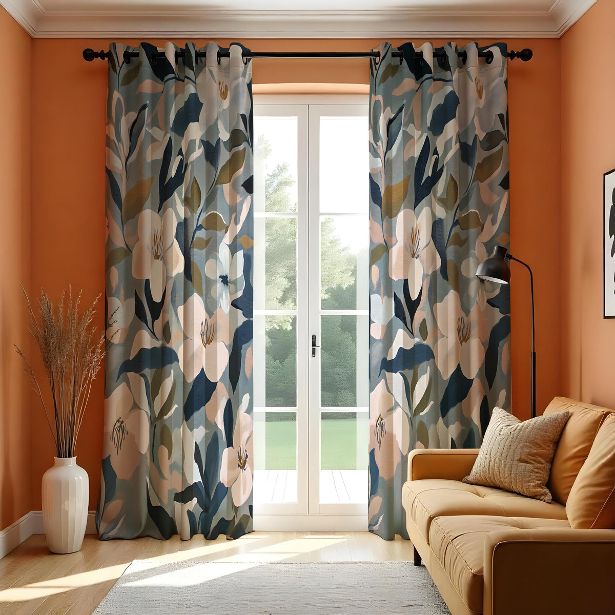 Navy Blue & Beige Floral Curtains, Abstract Leaf Drapes