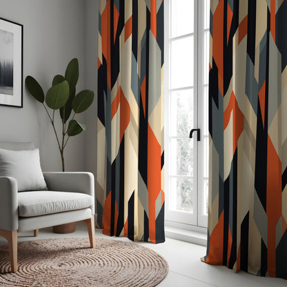 Orange Navy Beige Geometric Curtains, Angular Abstract Drapes