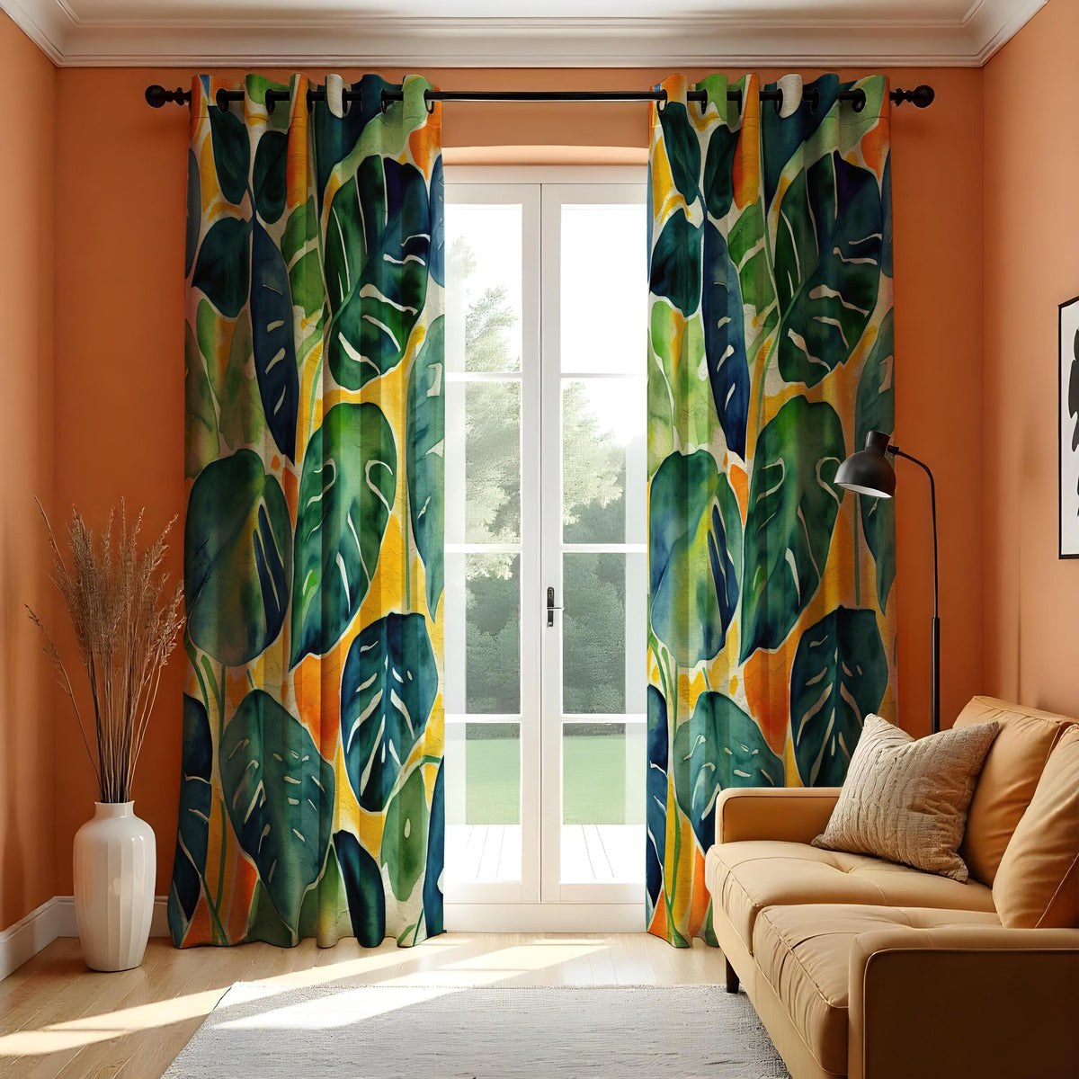 Green Monstera Leaf Curtains, Watercolor Tropical Drapes