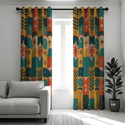 Teal Mustard Orange Mid Century Floral Curtains, Retro Drapes