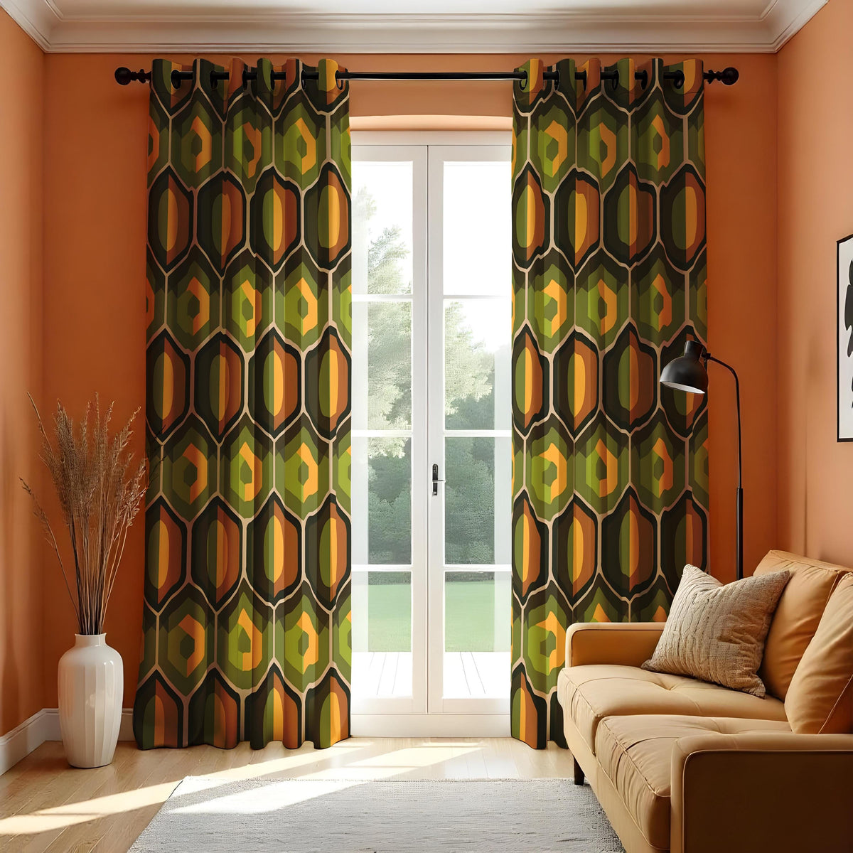 Retro Geometric Curtains, Olive Green & Orange Drapes