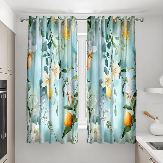 Lemon Floral Kitchen Curtains, Aqua Watercolor Fruit Drapes