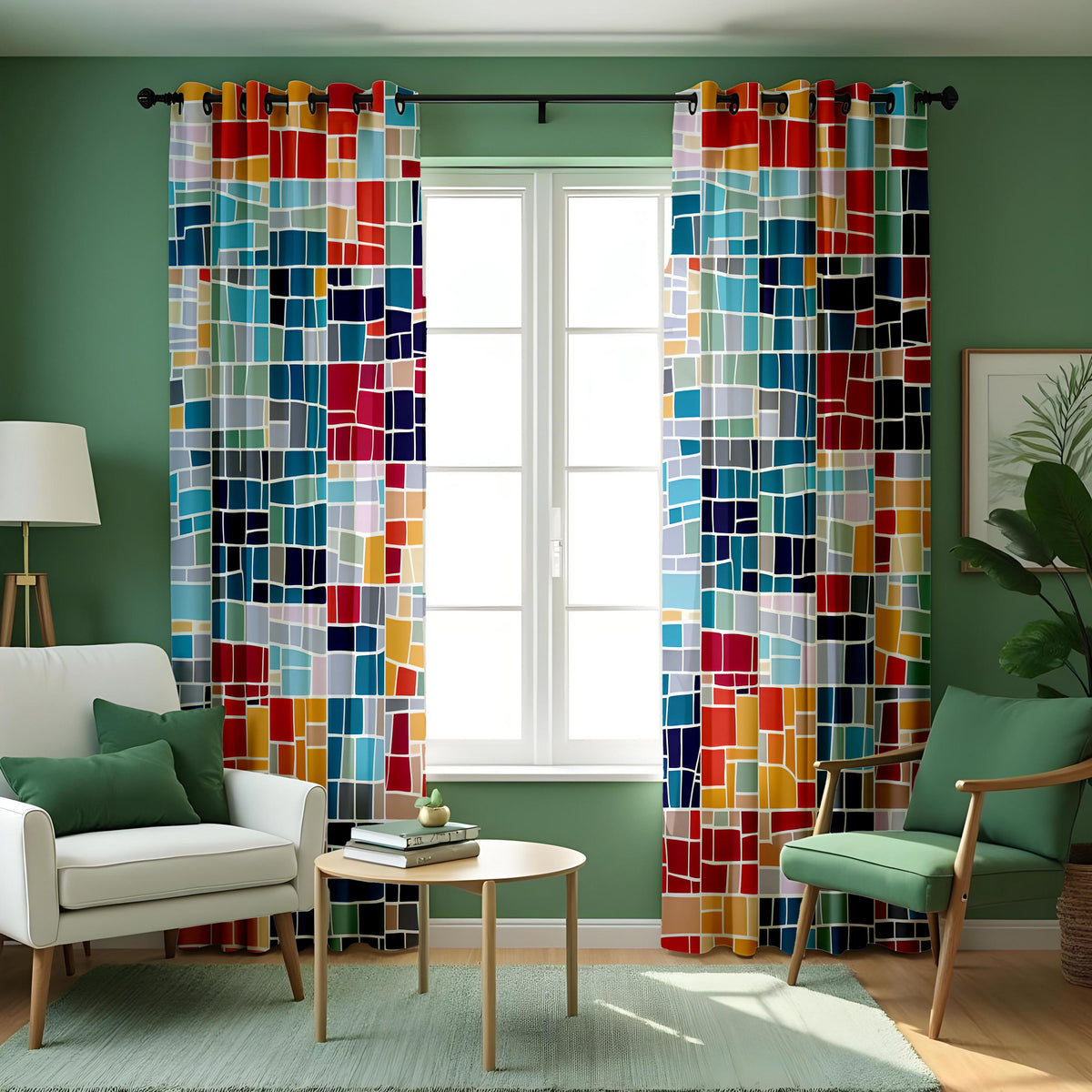 Colorful Grid Curtains, Art Deco Geometric Window Drapes