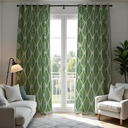 Green Leaf Pattern Curtains, Modern Botanical Custom Drapes