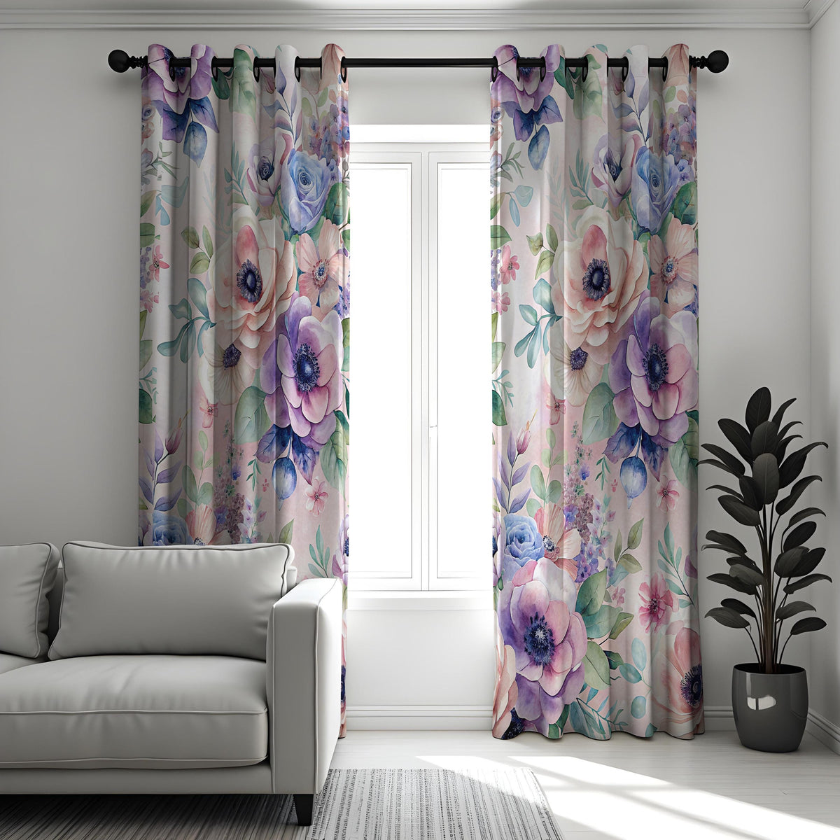 Purple & Blue Peony Curtains, Watercolor Floral Drapes