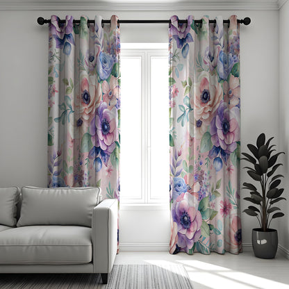 Purple & Blue Peony Curtains, Watercolor Floral Drapes
