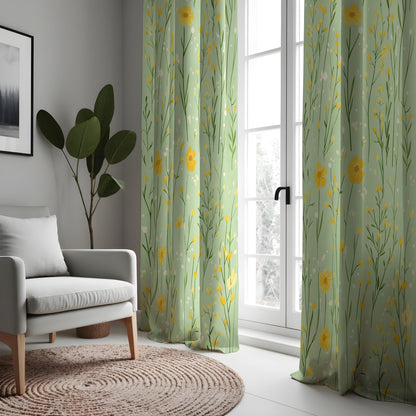 Light Green Meadow Curtains, Yellow Wildflower Drapes