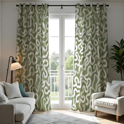 Olive Green Wavy Curtains, Organic Abstract Pattern Drapes