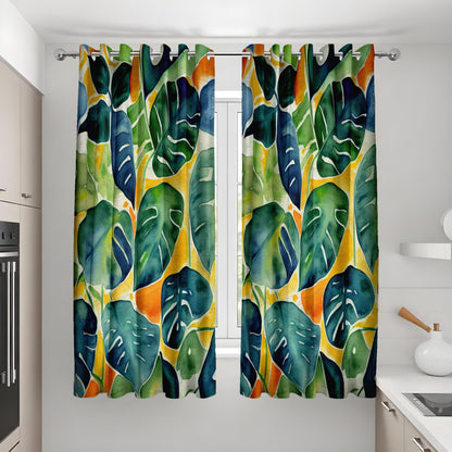 Green Monstera Leaf Curtains, Watercolor Tropical Drapes