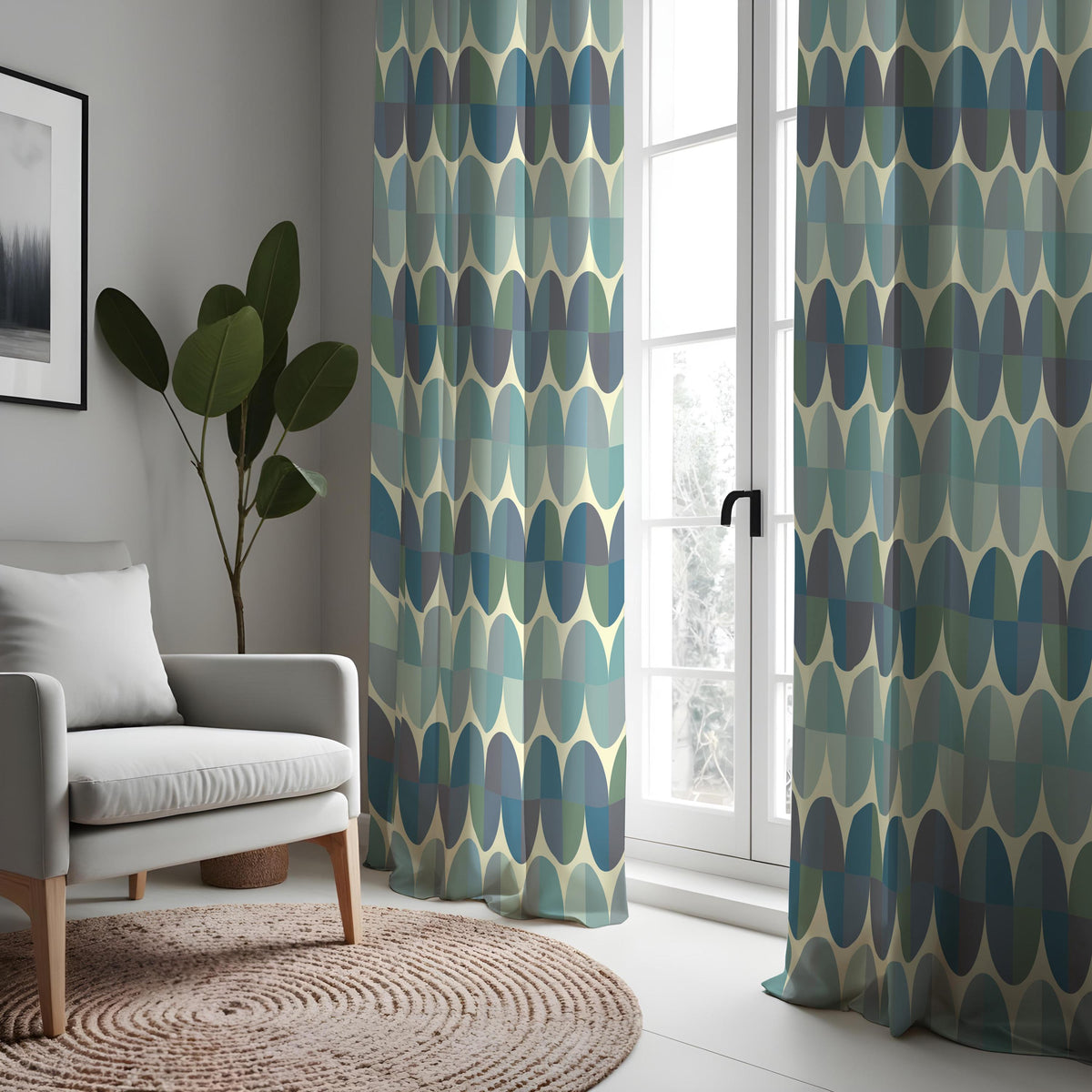 Teal & Olive Retro Oval Curtains, Mid Century Drapes