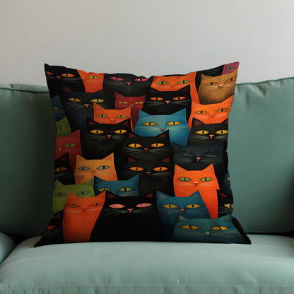 Colorful Cat Faces Cushion Cover, Funky Black & Rainbow Cats Pillow Case