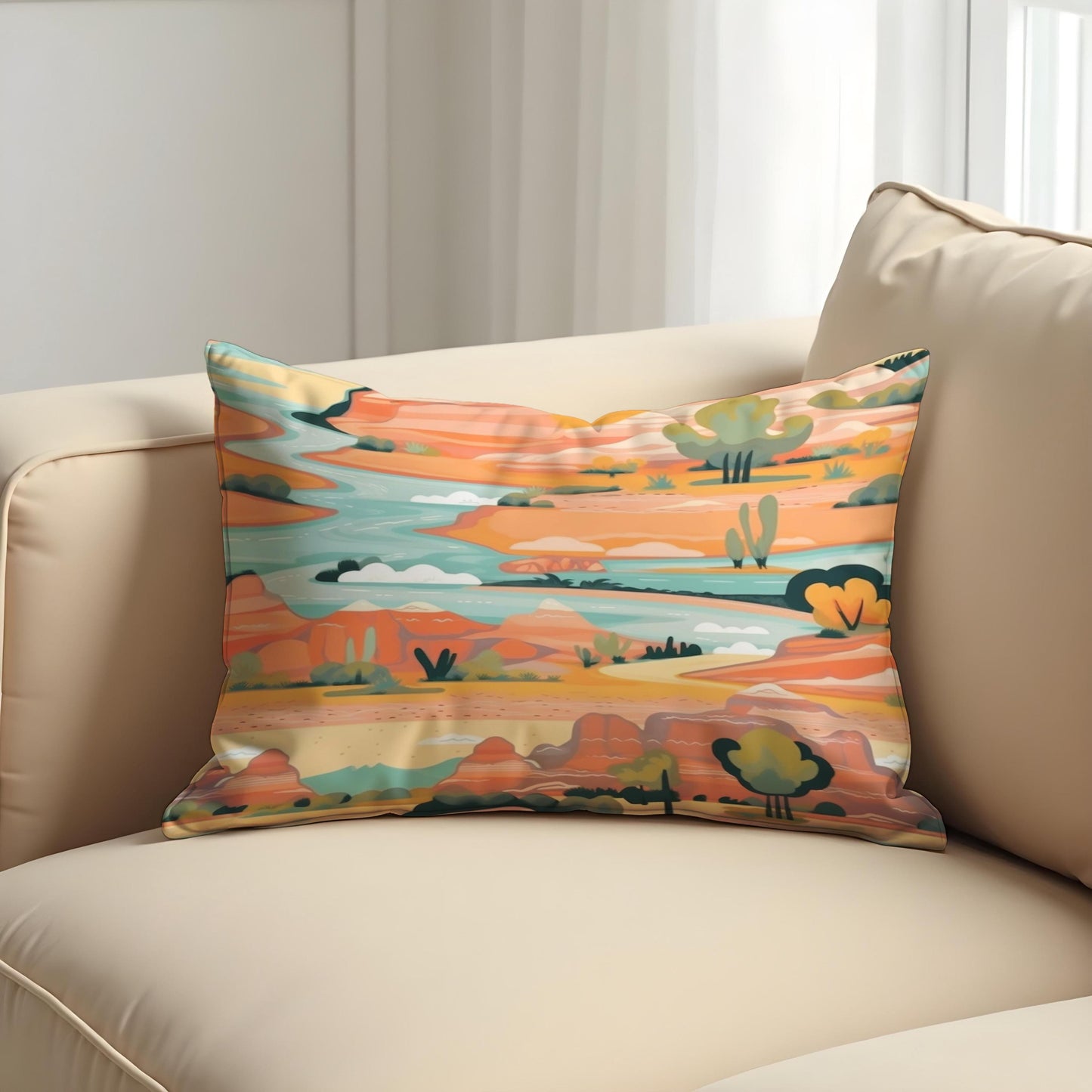 Desert Landscape Cushion Cover, Colorful Canyon River Pillow Case
