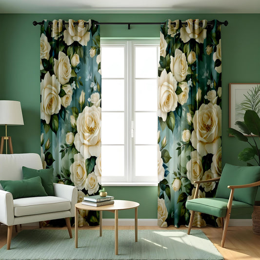 White Rose Floral Curtains, Farmhouse Garden Print Drapes