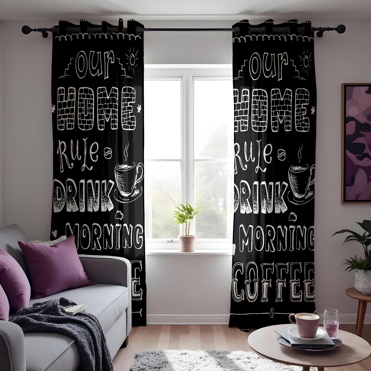 Black Coffee Kitchen Curtains, Funny Quote Cafe Drapes