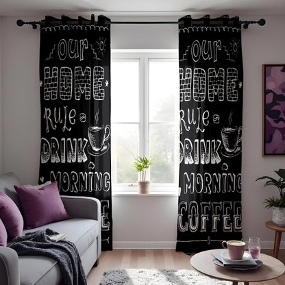 Black Coffee Kitchen Curtains, Funny Quote Cafe Drapes