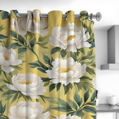 Yellow Floral Curtains, Large White Flower Botanical Drapes