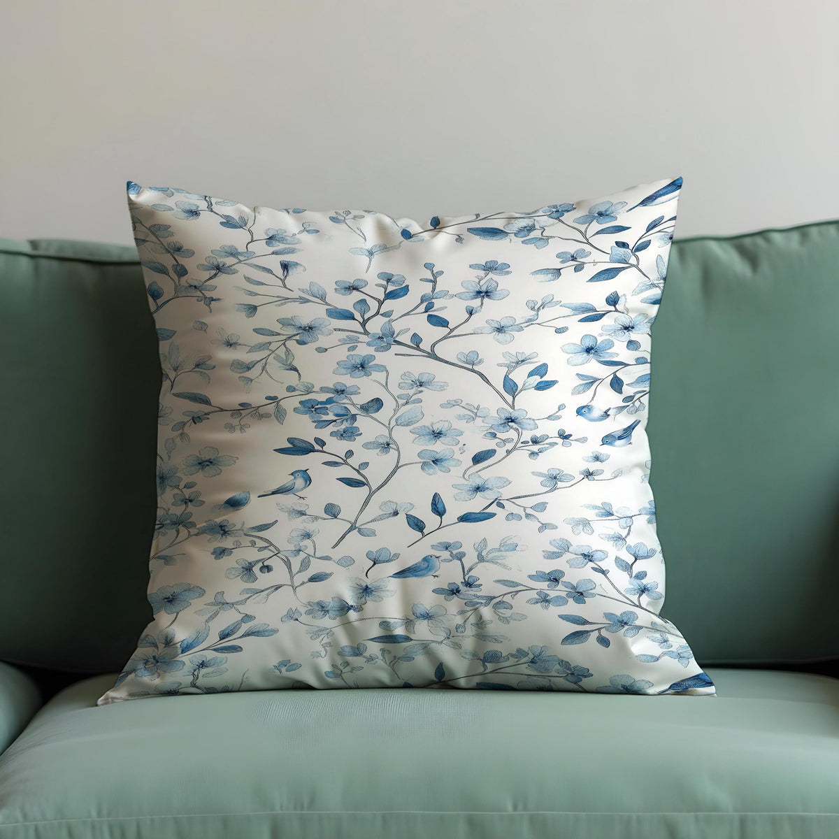 Blue Bird Floral Cushion Cover, Botanical Pillow Case
